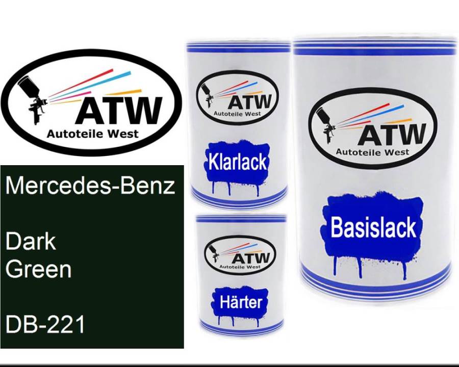 Mercedes-Benz, Dark Green, DB-221: 500ml Lackdose + 500ml Klarlack + 250ml Härter - Set, von ATW Autoteile West.
